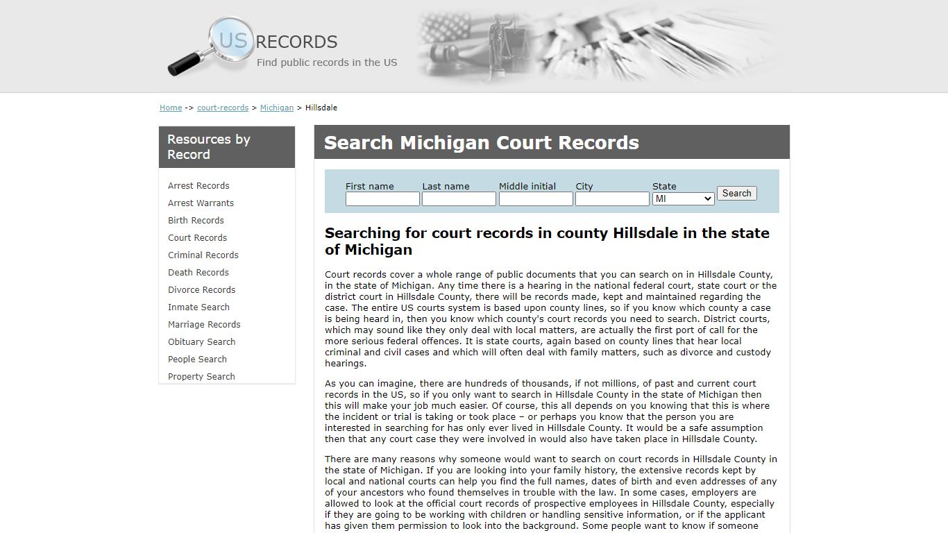 Search Court Records Hillsdale Michigan | US Records